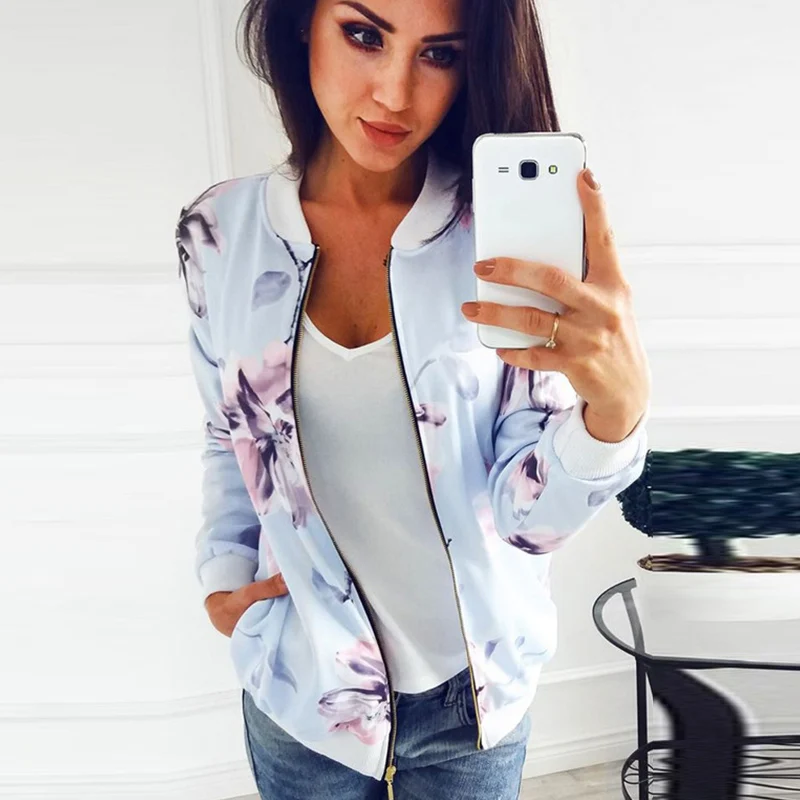 Floral Print Women Bomber Jackets With Pockets Long Sleeve Zipper Womon Coats 2019 Autumn Fashion Feminine Baseball Female Tops