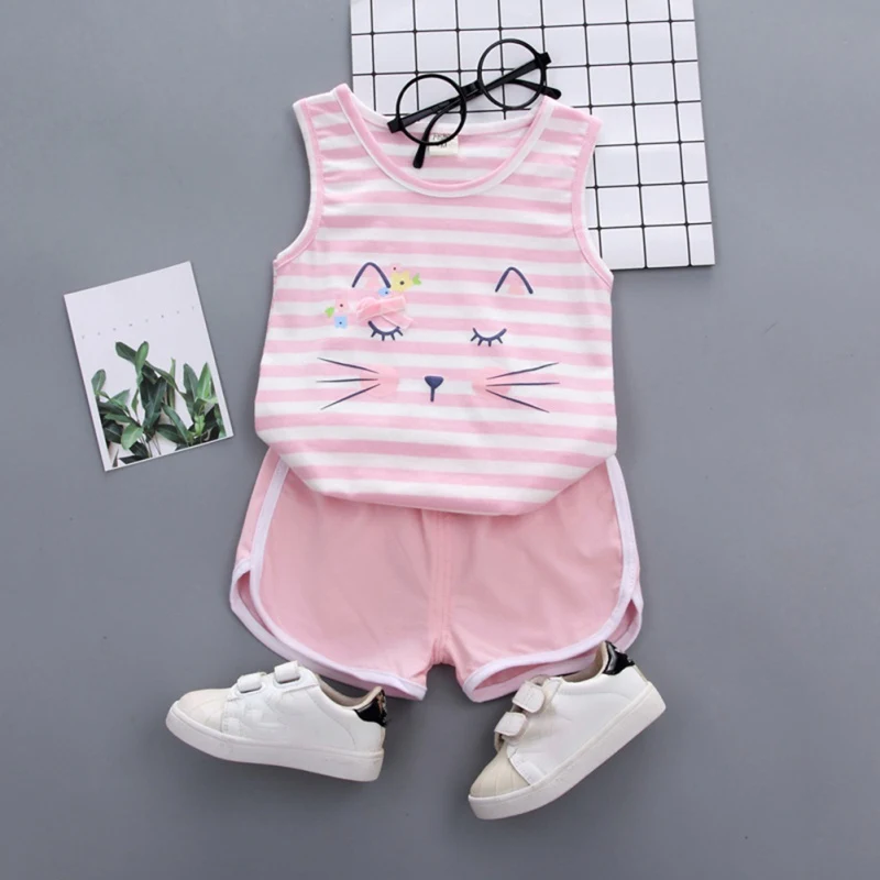 Summer Casual Children Newborn Baby Girls Boys Clothes Cartoon Sleeveless Garment And Pant Kit Kids Two-piece Outfit Set 0-4Y