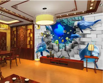 

3d room wallpaper custom mural non-woven wall sticker 3 d Ocean dolphin broken walls painting photo 3d wall murals wallpaper