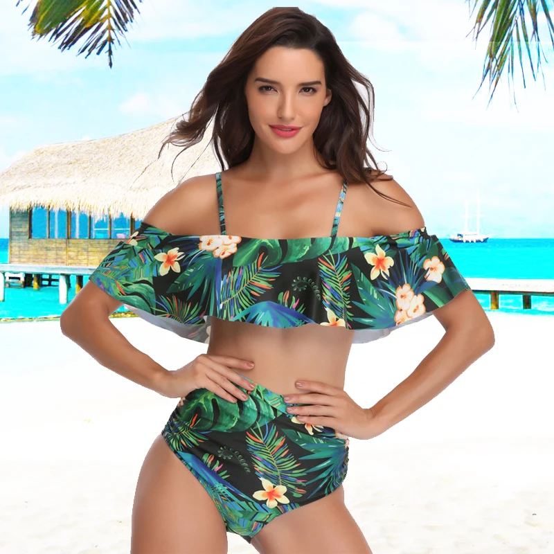 

Women's Falbala Print Bikini Set High Waisted Swimsuits Bottom Off Shoulder Ruffled Flounce Crop Top Two-piece Bathing Suit