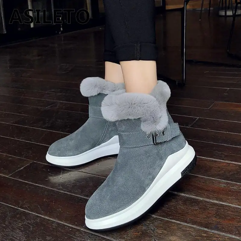 

ASILETO top quality cow suede shoes Snow Boots women plush fur platform wedges winter boots ankle boots Women botas mujer S861