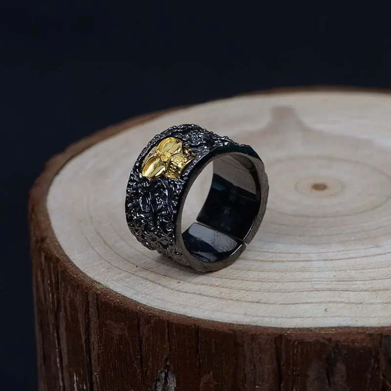 

FNJ Punk Skull Black Ring 925 Silver Anillos New Fashion S925 Sterling Silver Rings for Men Jewelry Adjustable Size bague
