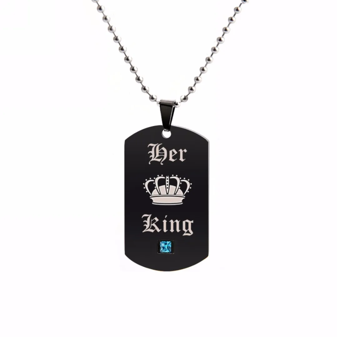 His and Her His Queen Her King Lover Couple Dog Tag Pendant Necklace Gift