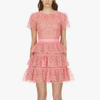 

New Sweet Women Self Portrait Dress Luxury Lace Hollow Out Sexy Mini Dresses Lady Chic Collection Pleated Ruffle O-neck Vestidos