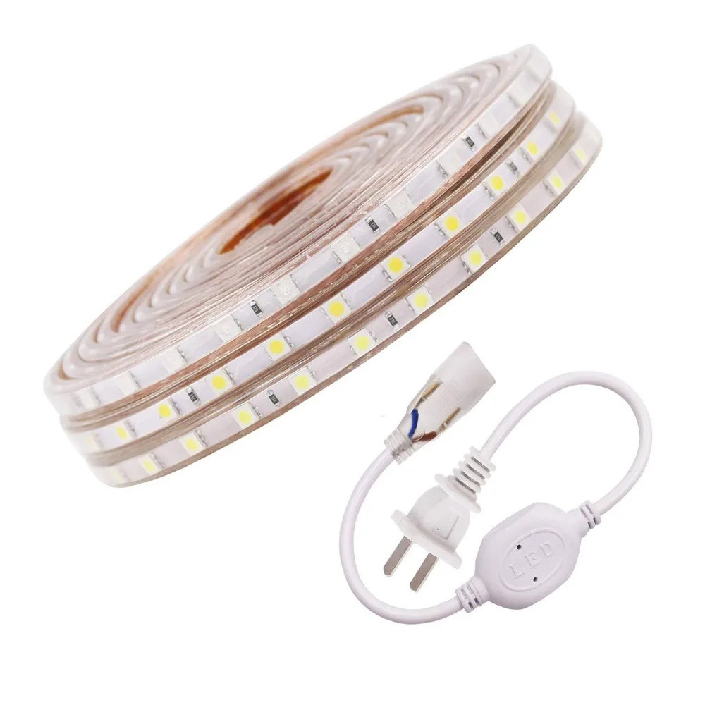 

AC220V Flexible LED Strip IP67 Waterproof AC110V 240V 5050 LED Diode Tape Light 5M 10M 50M 100M Warm White Red Blue US EU Plug