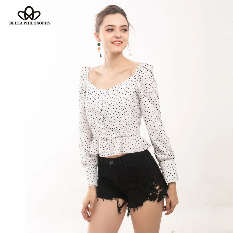 Summer ruffle button square collar polka dot blouse women Casual Cotton Shirt Summer long sleeve blusas top Wonder Store