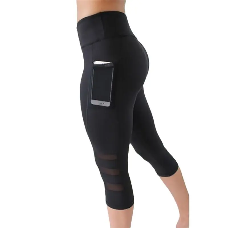 

2019 trousers women Summer Solid Color Pants Cropped Running Sports Mesh High Waist Pocket Leggings