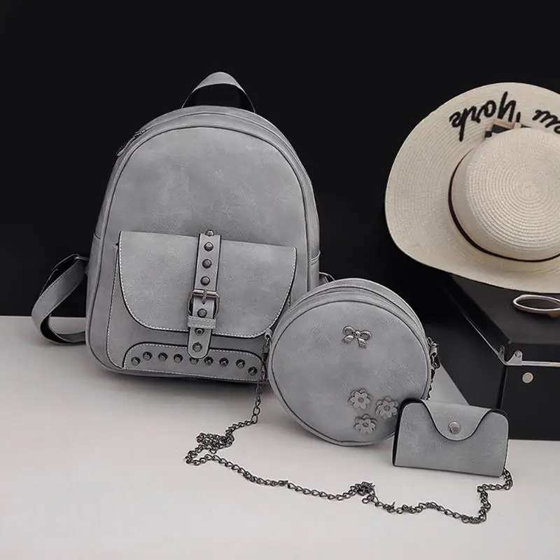 Mochila De 3 unids con remaches para mujer, con solapa sólida, bolsillo, cremallera, Casual, compuesta, Mochila de cuero para adolescentes, Mochila femenina, saco a dos mujeres