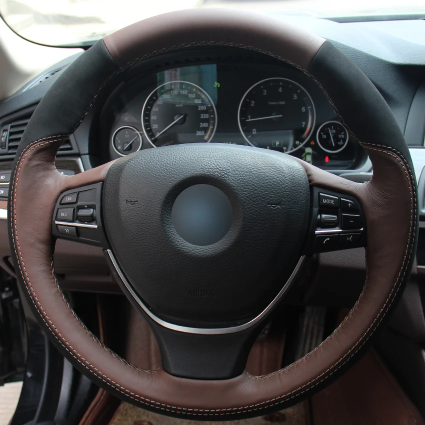 Black Suede Coffee Natural Leather Car Steering Wheel Cover for BMW F10