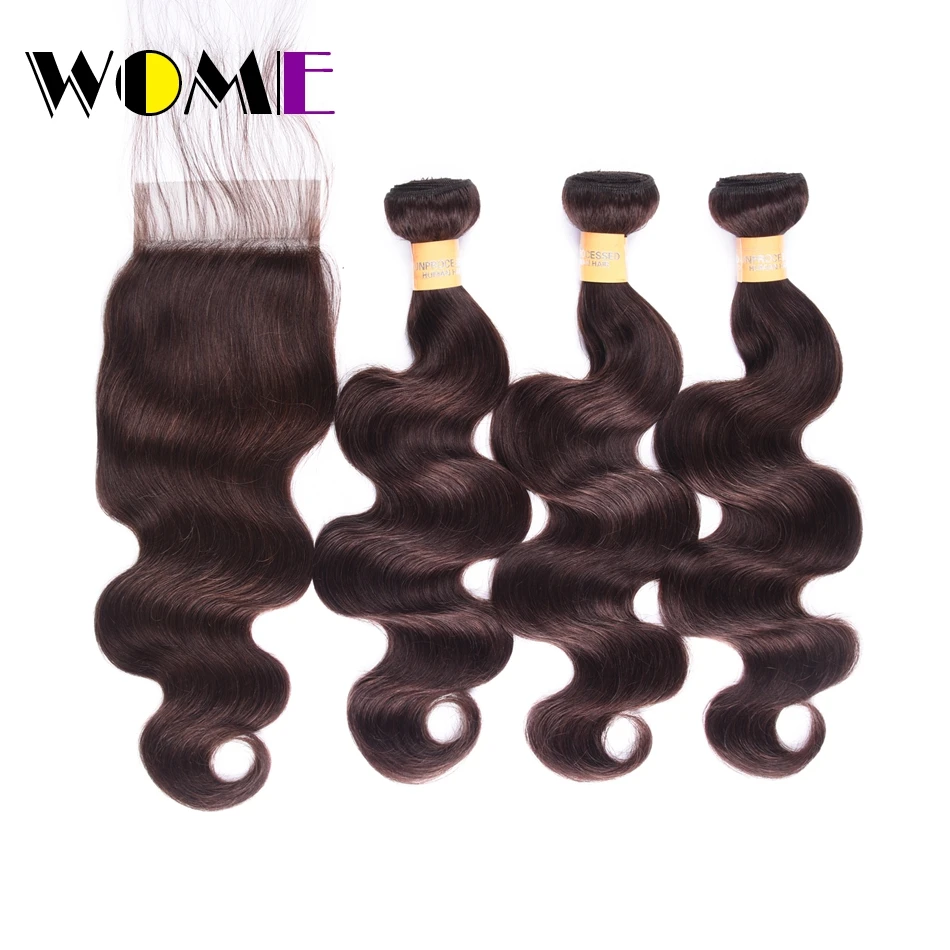 WOME HAIR Pre -colored Malaysian 4 Bundles With Closure 2# Color Non Remy Body Wave Bundles With Closure Hair 4*4 Free Part WOME HAIR Pre -colored Malaysian 4 Bundles With Closure 2# Color Non Remy Body Wave Bundles With Closure Hair 4*4 Free Part