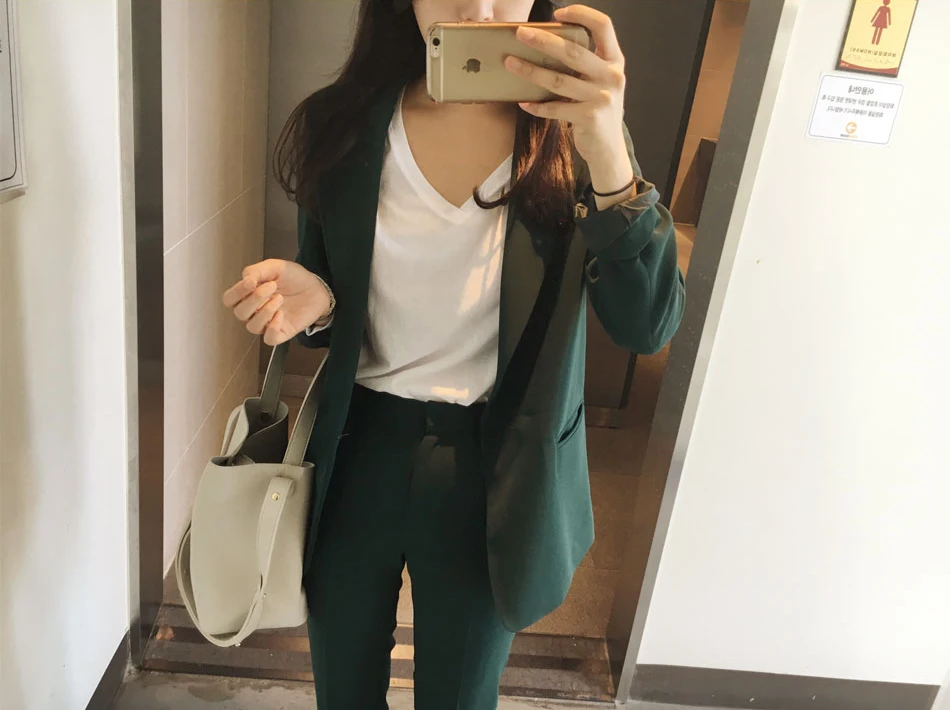 

Casual Solid Women Pant Suits Notched Collar Blazer Jacket & Pencil Pant Dark Green Female Suit Autumn 2019 high quality