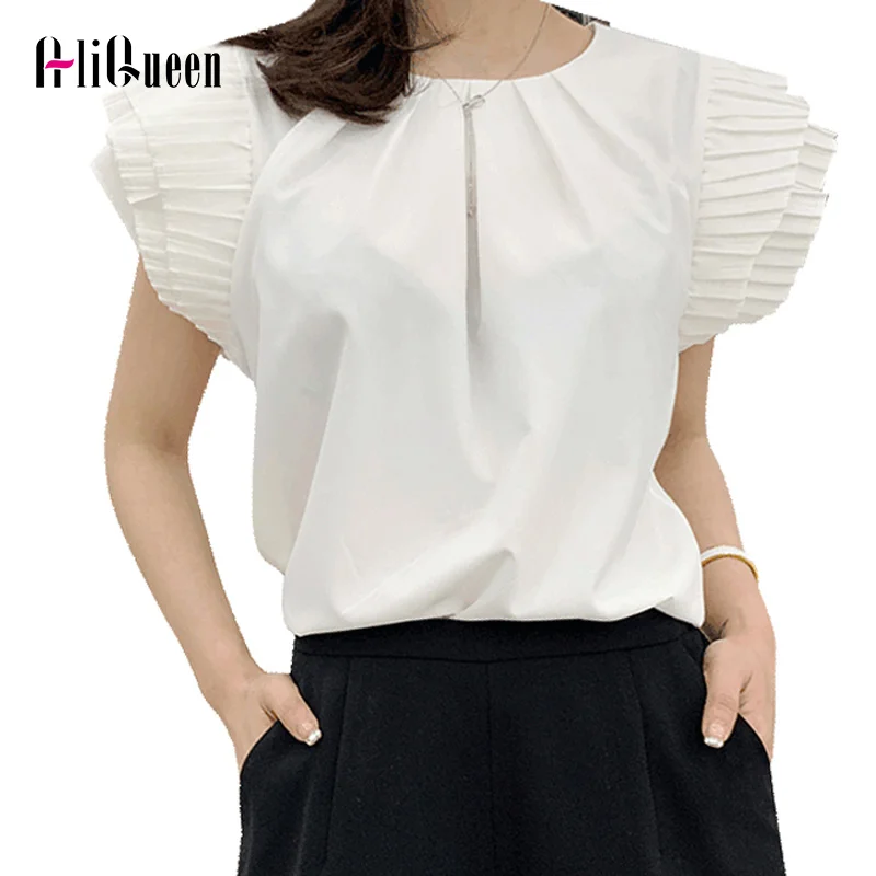 

Summer Women Blouses and Tops Female Pleated Sleeve Ruffles Shirts Blusas 2019 Loose White Casual Shirt Blusa Femininas Elegante