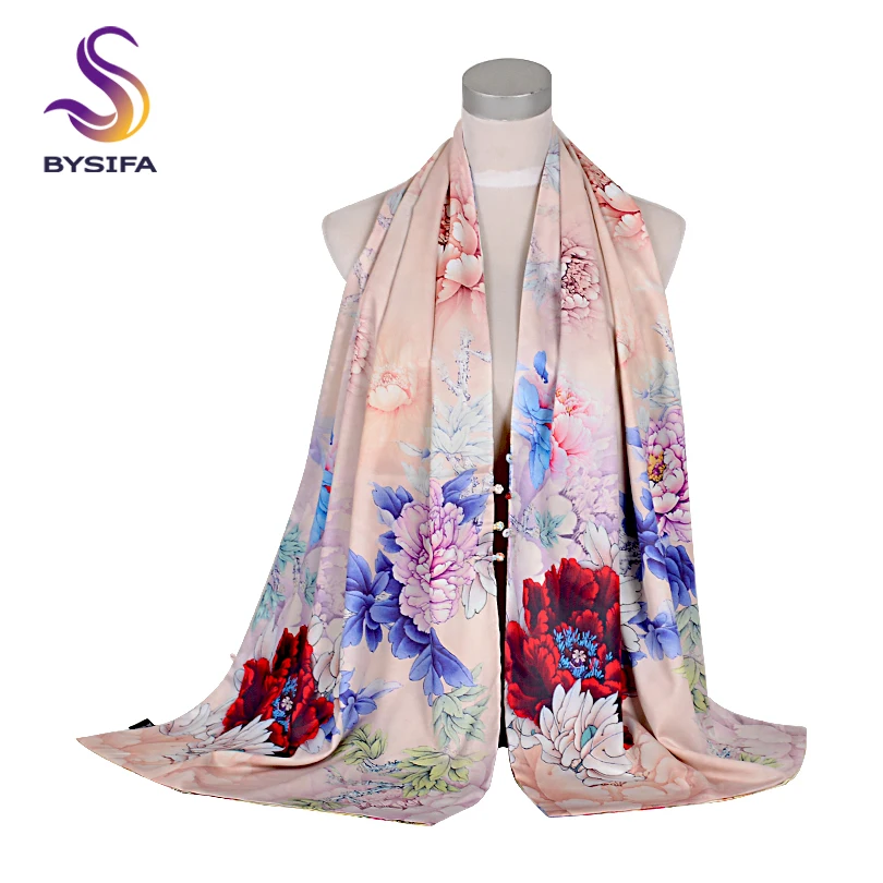 [BYSIFA] Chinese Style Peony Silk Scarf Shawl Women Spring Autumn Long