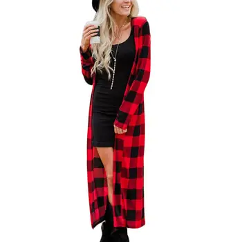 

Fashion Women Color Block Plaid Print Long Sleeve Maxi Shirt Cardigan Open Front Coat