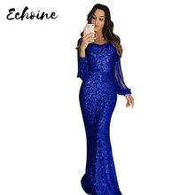 Echoine Vestidos de Festa Apricot/Blue Sequin Fringe Long Sleeve Party Maxi Dress Women Sexy Hollow Out Bodycon Elegant Dresses summer gold black sequin dress women 2018 new backless halter hollow out sundress sexy club bodycon mini party dresses vestidos