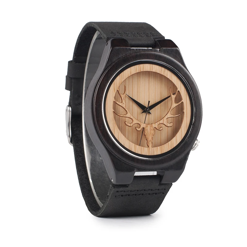 BOBO BIRD Men watches Deer Head Ebony Wooden Quartz WristWatch Mens Timepiece with Leather Band in Gift box erkek kol saati