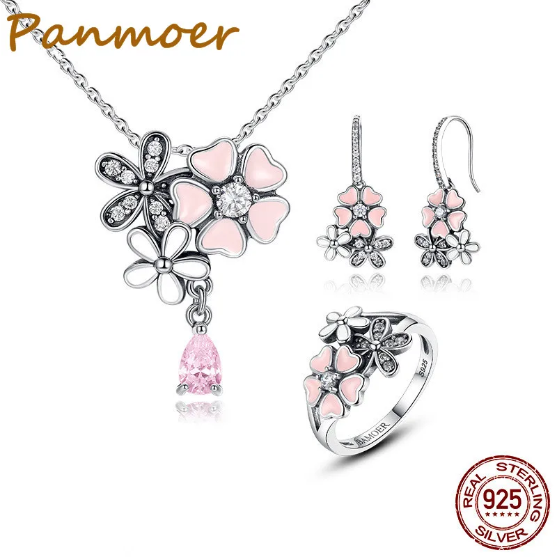 

S925 Silver charm fashion Jewelry Set Pink Flower Poetic Daisy Cherry Blossom Jewelry Sets Sterling Silver Jewelry Accessories