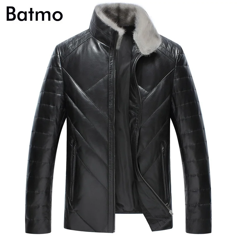 BATMO Новое поступление зимняя высококачественная мужская куртка из овчины и меха норки с воротником из белого утиного пуха, Мужское пальто из натуральной кожи, YR002 - Цвет: black