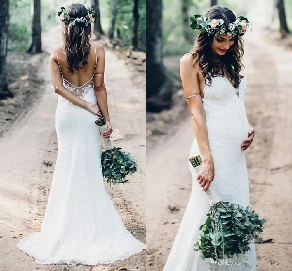 

Charming Full Lace Pregnant Wedding Dresses 2018 Spaghetti Backless Mermaid Sweep Train Garden Country Bridal Gowns Plus Size