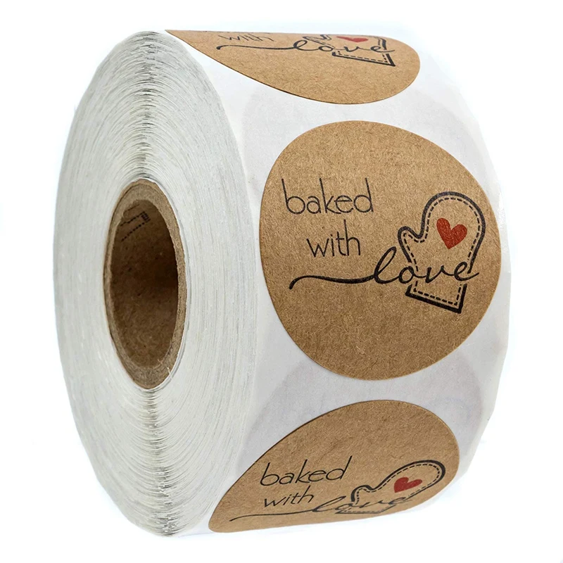 1 Inch Round Natural Kraft Baked With Love Stickers / 500 Labels Per Rol