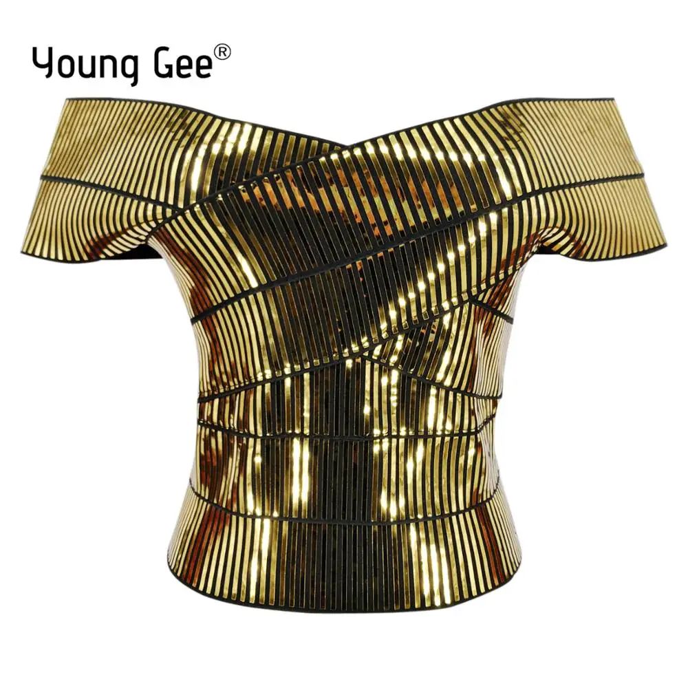 

Young Gee Women Gold Silver Camis Wrapped Bustier Off the Shoulder Tank Crop Tops Sexy Summer Short Sleeve Club Cropped Feminino