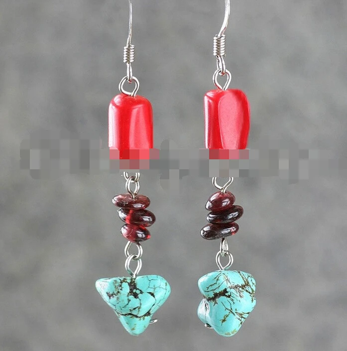 

Hot selling> free shipping 10845 Beautiful red coral and turquoise and garnet earring -Bride jewelry free shipping