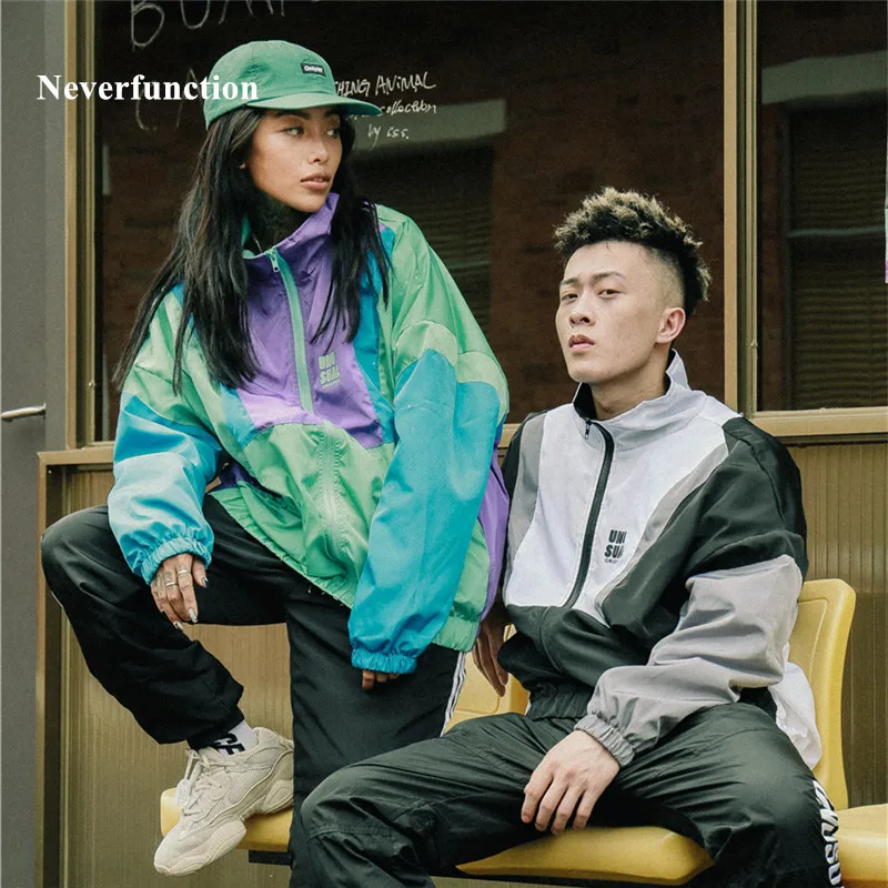 

Neverfunction Men Autumn New Color Block Patchwork Windbreaker Jackets Letter printed Men/Women Hip Hop Loose Casual Track Coats