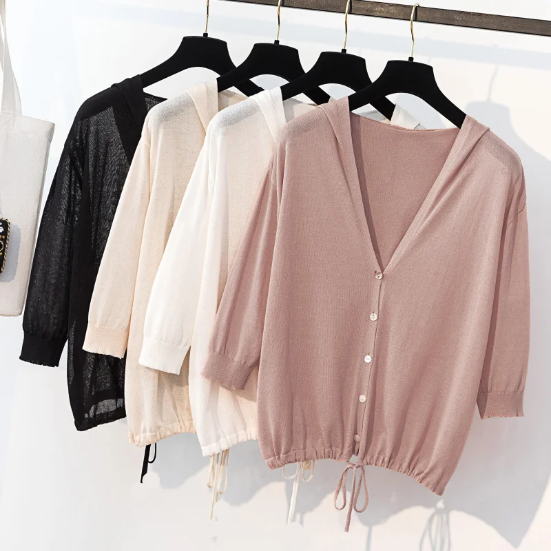 

Sunscreen Cardigan Ice Knit Cardigan Women Short Jacket Shawl Summer Thin Loose Large Size Fashion Long Sleeve Hooded Cardigan