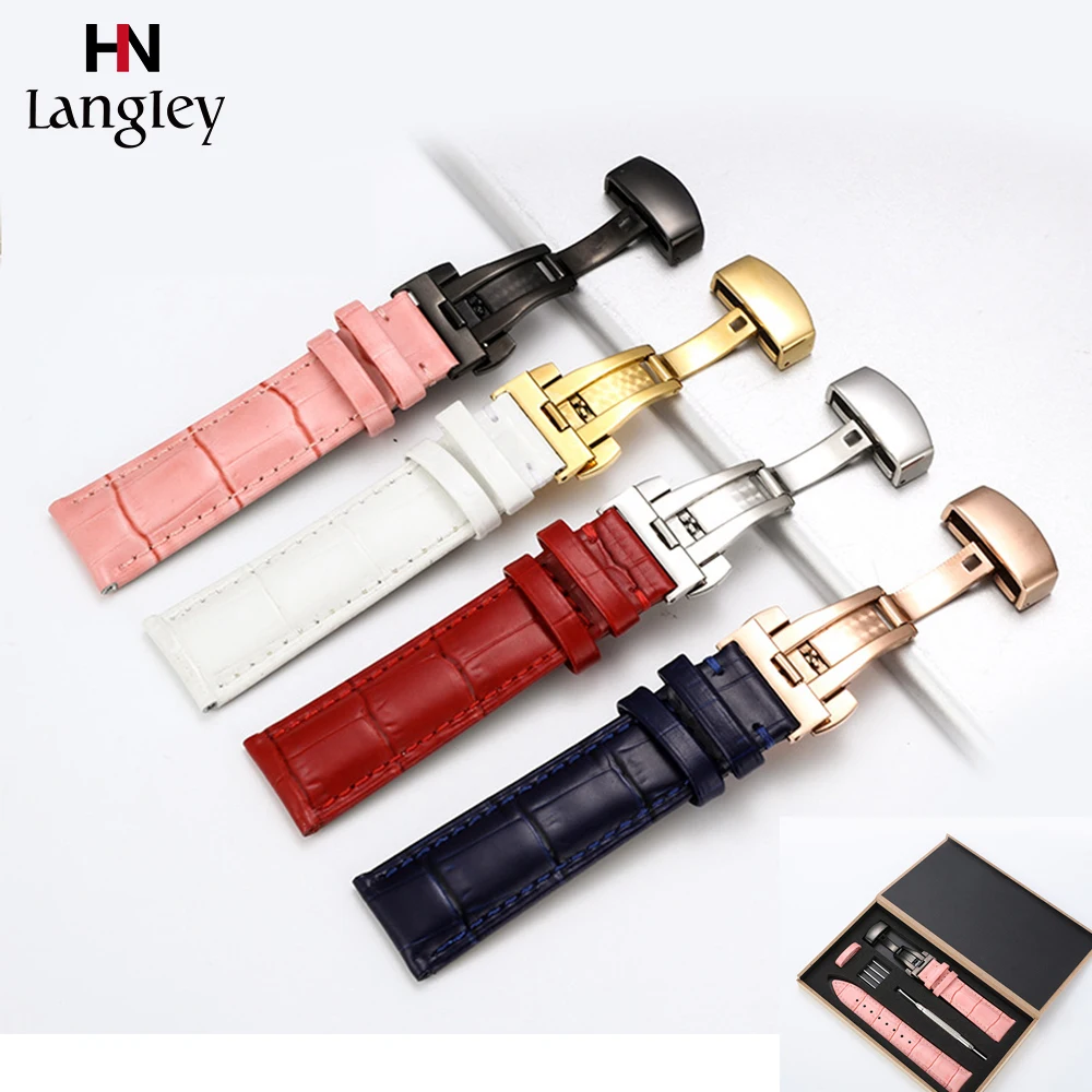 

12-18 мм браслет из натуральной кожи высокого качества Ремешки для наручных часов Двойной Пресс Бабочка застежка с коробкой упаковка оптовая продажа