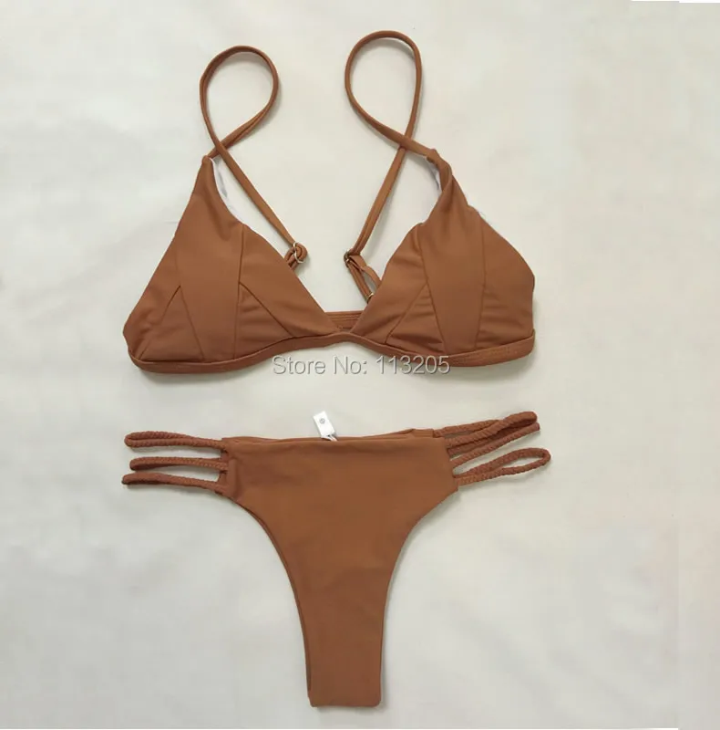 

2017 New Arrival Brown Color Braids Swimsuit Cut out Bottom Triangle Bikini Set Women Swimwear Bra Padded Bathing suit Buiqini