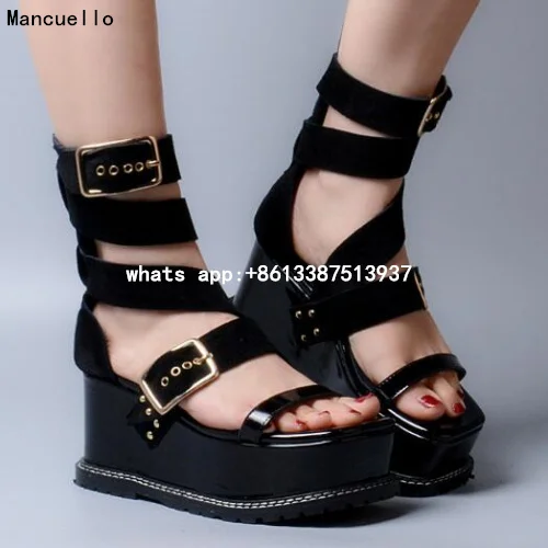 Fashion Metal Buckles Women Platform Sandals Suede Leather High Heels Wedges Shoes Woman Sexy Pep Toe Lace Up Summer New Pumps