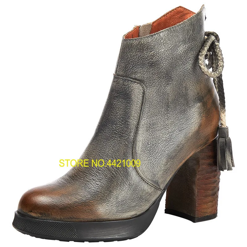 

2018 autumn and winter new leather high heel boots ankle boots for women fringed Martin boots retro female leather boots