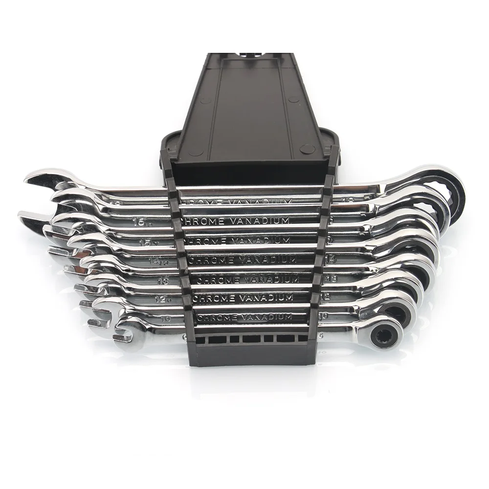VECONOR 8 pieces full polished ratchet wrench set in plastic storage rack ratcheting gear key wrench 8-18mm