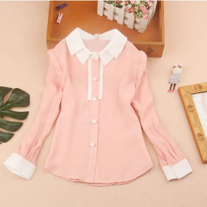

2018 fall autumn baby girl clothes school girls blouse girls tops and blouses pink chiffon blouse shirt turn down tops AA2914