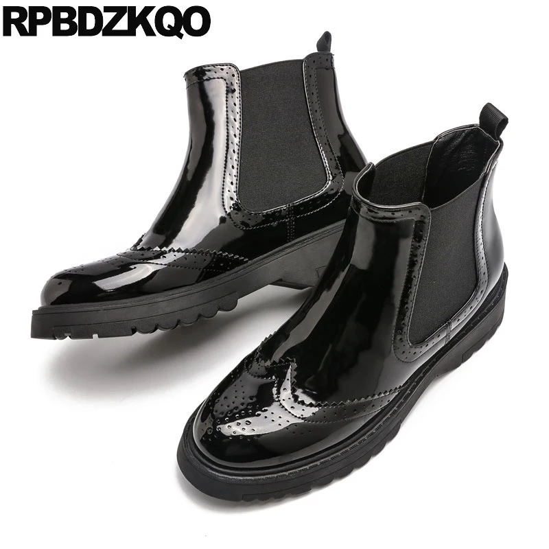 

Patent Leather Women Boots Winter 2017 Brogue Platform Shoes Ankle Booties British Black Fall Slip On Chelsea Flat Chinese New