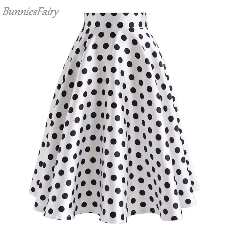 

BunniesFairy 2018 Autumn Hepburn 1950s 60s Vintage Retro Women Cuteness Comeback Black Polka Dots Print A-Line Skirt in White