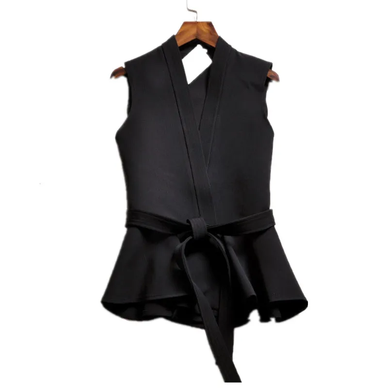 Новое поступление, корейская модная женская блуза без рукавов на шнуровке,, элегантные топы с оборками для женщин 64842 - Цвет: 64842 black