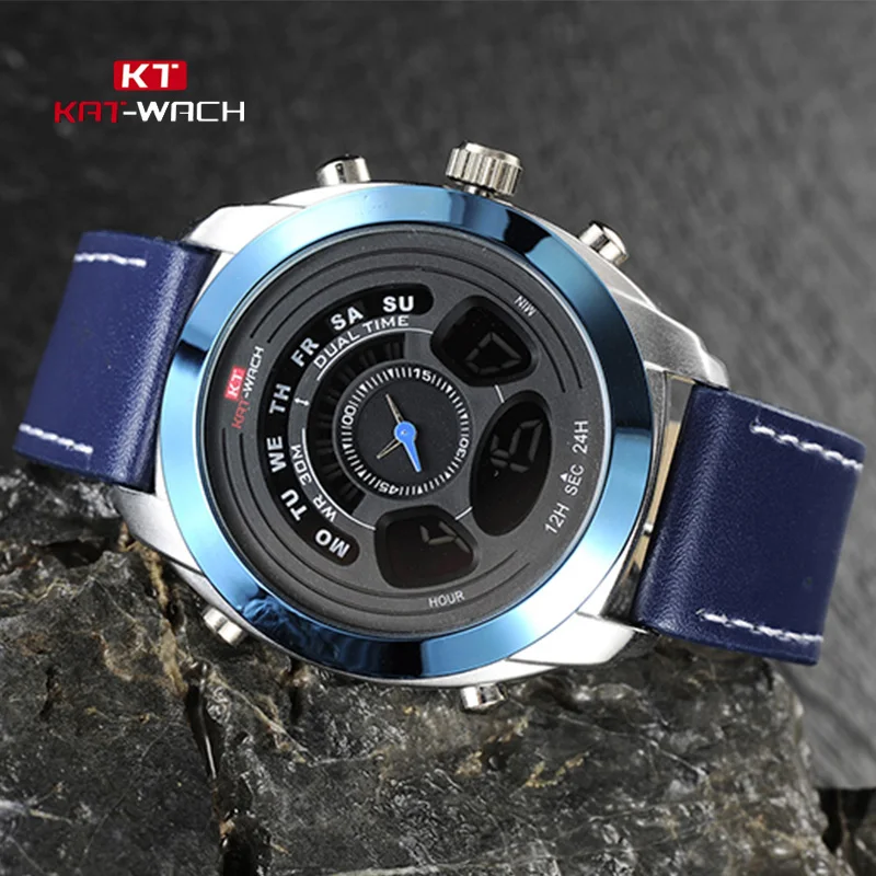 

KAT-WACH Men Sports Watch Real Leather Top Brand Luxury Quartz Digital Watches 5Bar Waterproof Blue Relogio Masculino KT713
