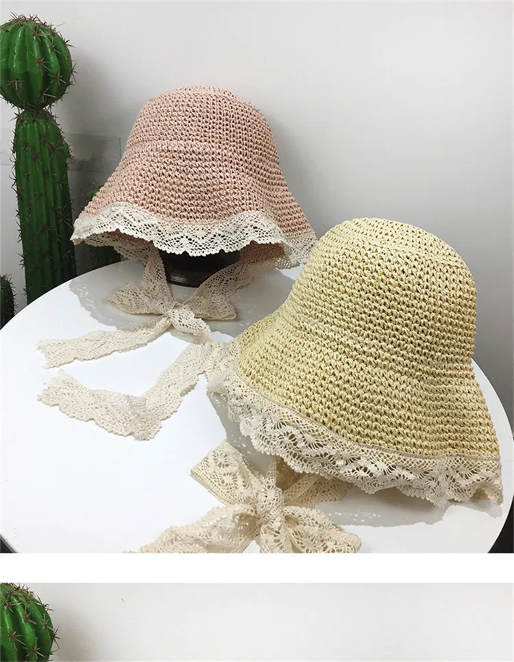 2018 Hot Sale French Mori Girl Style Lace Sunshade Straw Hat Summer Take a Holiday Windproof Beach Hat ACA31 (19)