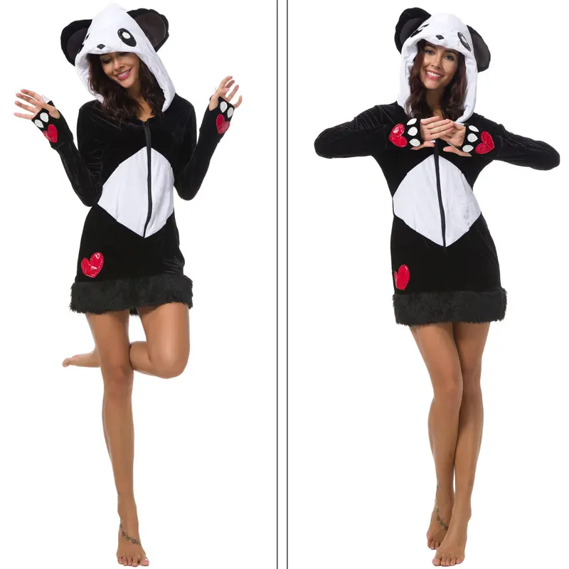

Sexy Plush Costume Set Women Giant Panda Cosplay Winter Hoodie Thumb Hole Female Warmer Mini Party Dress for Halloween Christmas
