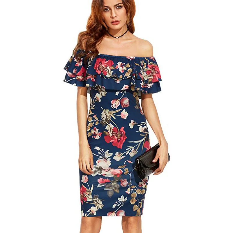 Summer Womens Dresses New Arrival  Fashion Nova Overlayer Ruffle Off The Shoulder Dress Pin Up Mini Bodycon Floral Dress