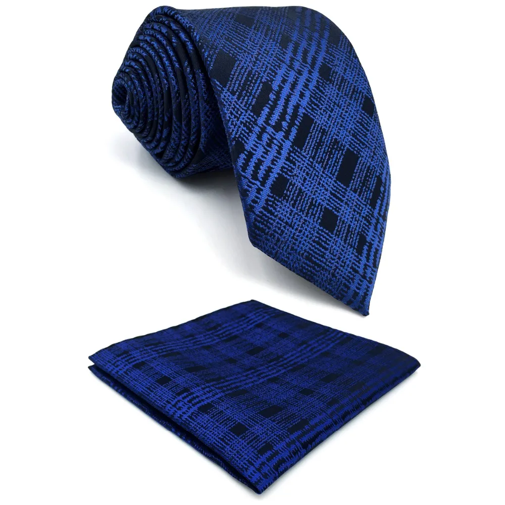 E22 Dark Blue Checkes Silk Mens Necktie Classic Dress Ties for male Groom Fashion Bow Tie Pocket