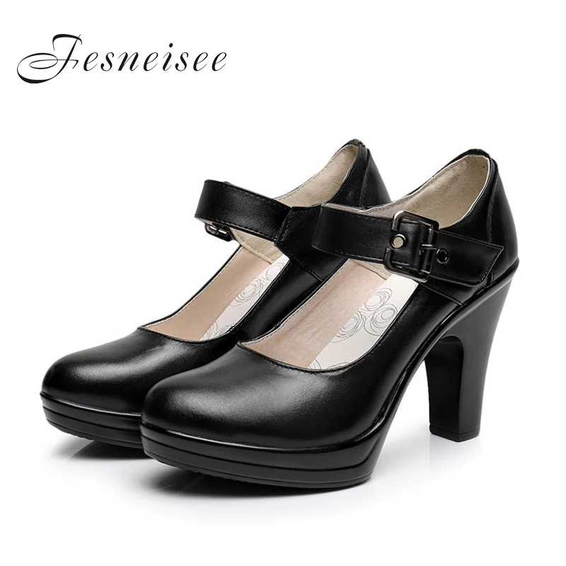 

FESNEISEE 2018 Spring New Genuine Leather Women's Pumps Thick Shallow Single Shoes Round Toe Platform Basic Office Work Pumps