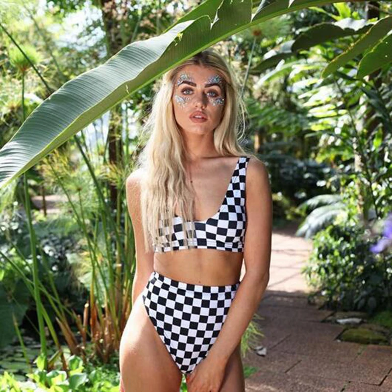 

Hot Summer Sexy Women Black And White Plaid Beachwear High Waist Swimsuit new Padded Bikini Swimwear Women Biquini