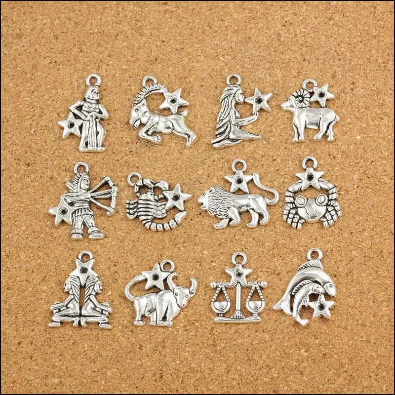

12pcs/lot Antique Silver Color 12 Zodiac Signs Charms Pendants Handmade Decoration Vintage Charms for DIY Jewelry Making