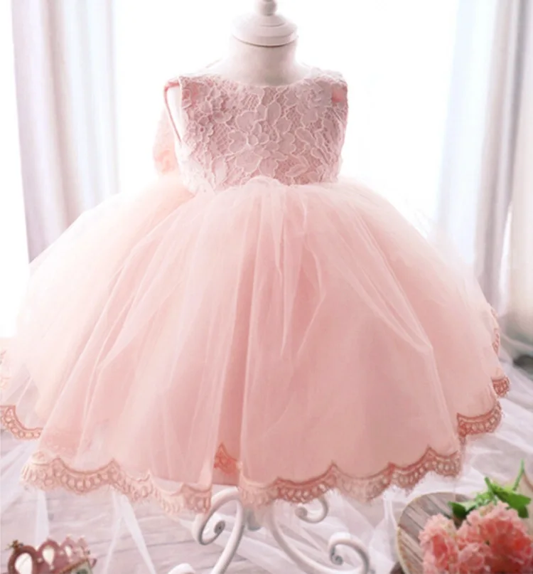 

Elegant Girl Dress 0-2 Years old Girls Summer Fashion Pink Lace Big Bow Party Tulle Flower Princess Wedding Dresses