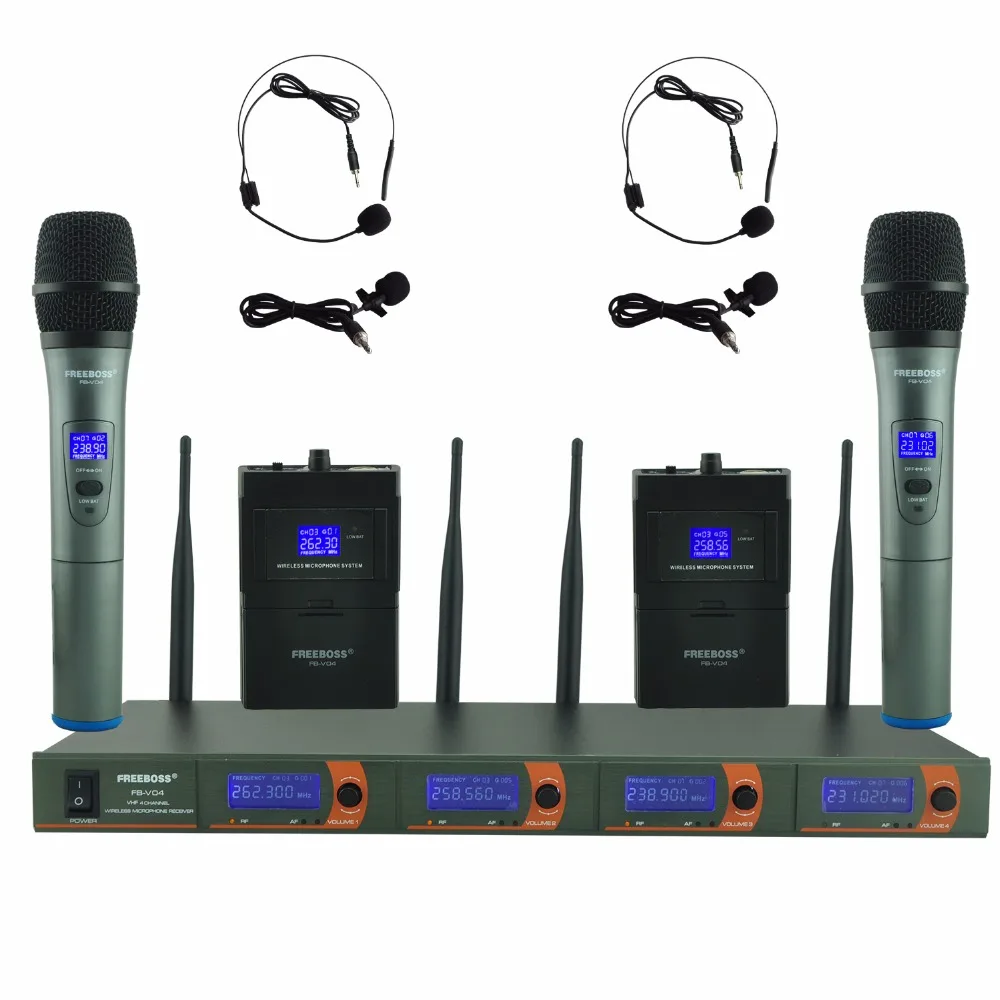 

FREEBOSS FB-V04H2 Professional Microphones VHF KTV Party Mic System 2 Handheld and 2 Headset Wireless Karaoke Microphone