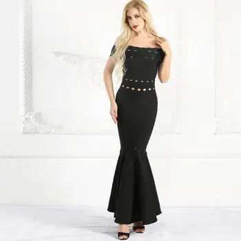 

top quality sexy black off the shoulder evening party trumpet slash neck pub bodycon women bandage long dress wholesale