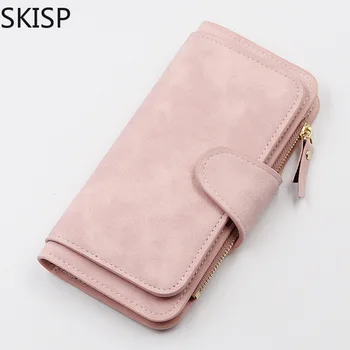 

Pink Leather Women Wallets High Quality Designer Zipper Long Wallet Women Card Holder Ladies Purse Money Bag Carteira Feminina