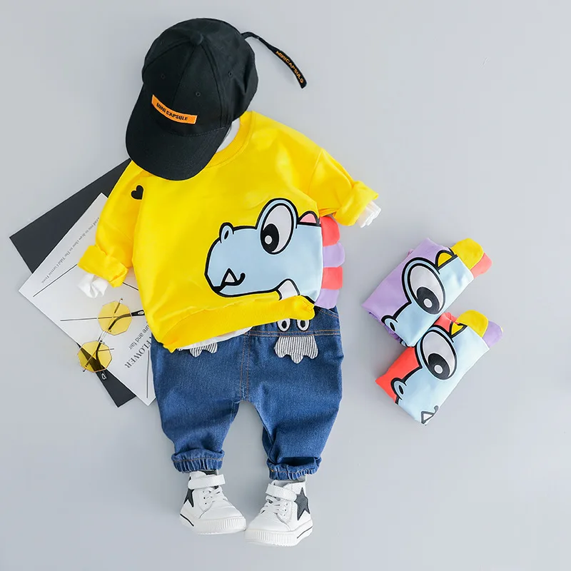 Мода 2019 года, Весенняя детская одежда, комплект одежды для маленьких мальчиков, футболка с рисунком динозавра + джинсы, костюм для маленьких